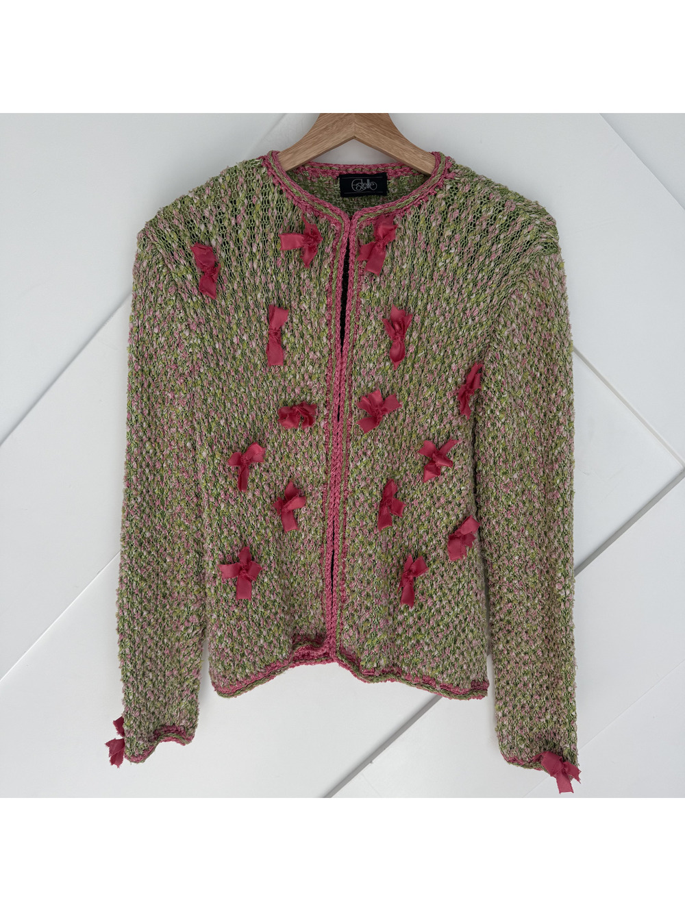 Vintage Estelle Green Pink Knit Cardigan Coquette Pink Ribbon Bows